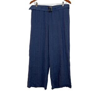 J.Jill Linen Stretch Wide Leg Crop Pull-On Pants Belted Size Medium Blue Stripe